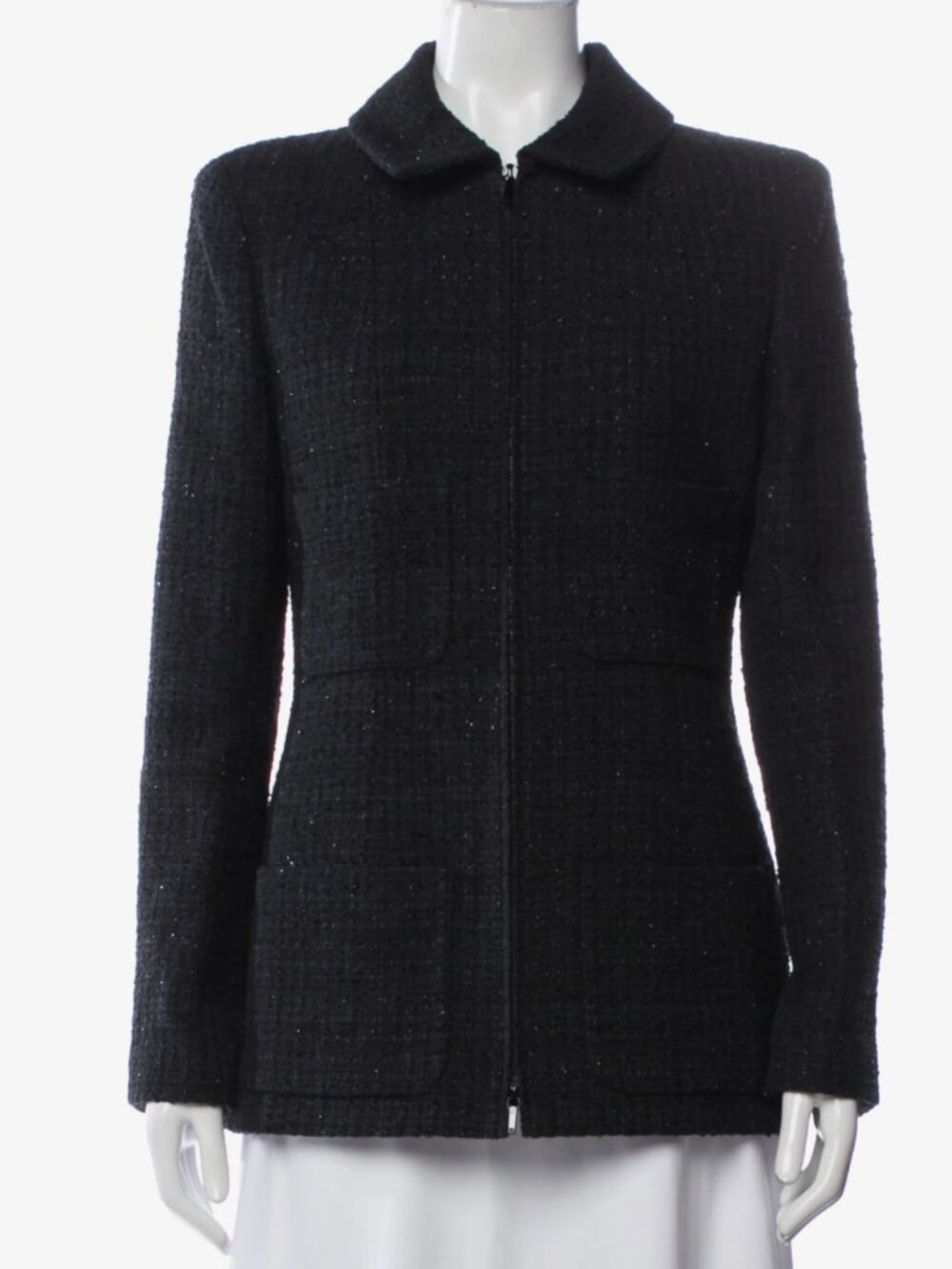 Chanel 2020 Spring Navy Metallic Fantasy Tweed Jacket Double Zip 4 Pocket Sz 42